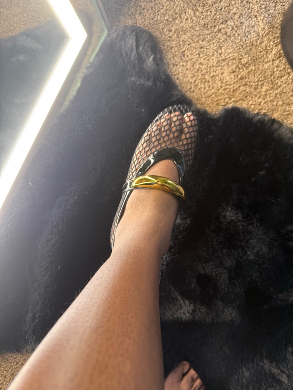 Black Fishnet Mary Jane Flats with Gold Accent